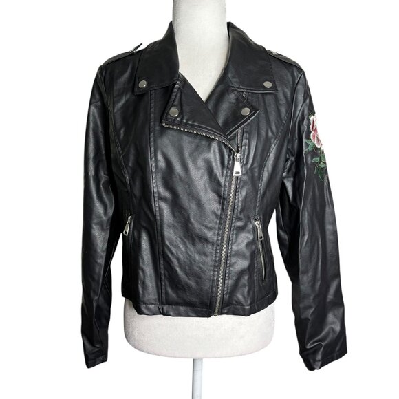 Moto Gear Faux Leather Jacket Large Black Floral Embroidery Zipper Details - Picture 1 of 6